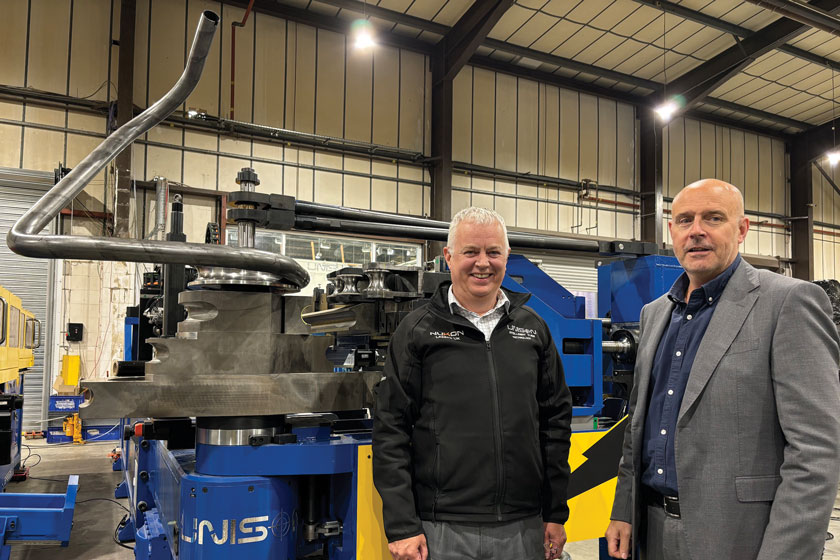 From left: Unison's joint managing directors, Alan Pickering and Julian Kidger, alongside an all-electric Unison Breeze 80mm multi stack tube bending machine